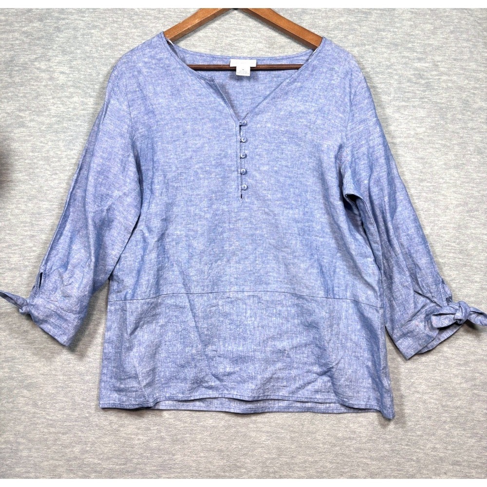 Liz Claiborne Top M Blue Linen Blend Henley Blouse 3/4 Tie Sleeve‎ Casual